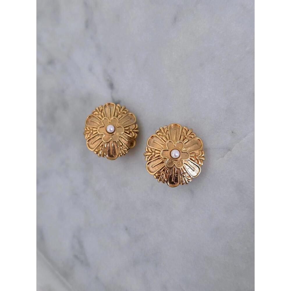 Vintage Gold Tone Earrings with Real Pearl – 1.25” Clip-On Statement Jewelry